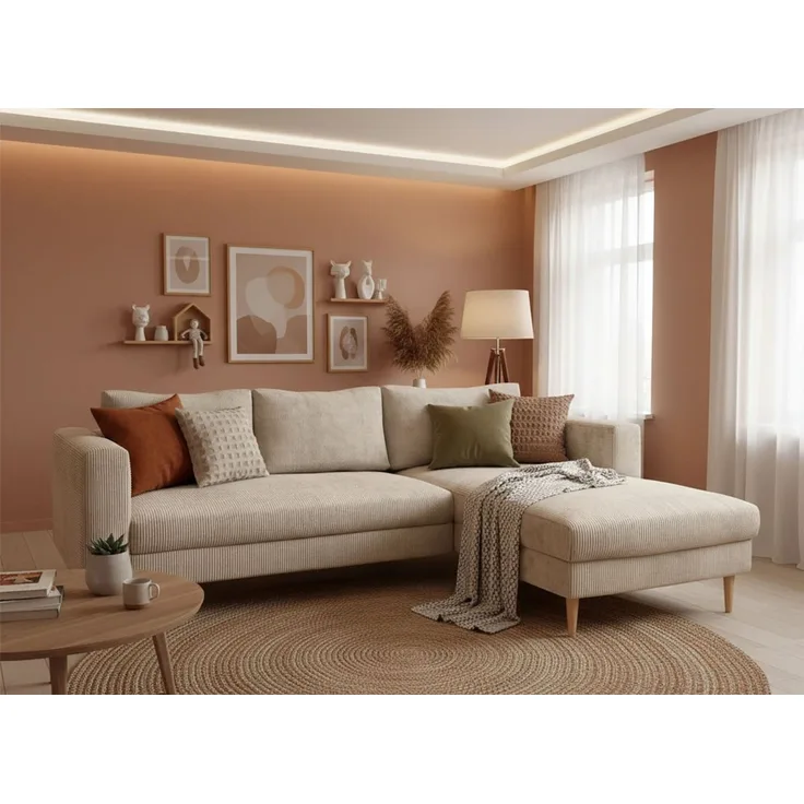 TRENDMANUFAKTUR Ecksofa Amazing, wahlw. mit Schlaffunktion & Bettkasten, Fuß Buche lackiert, Recamiere beidseitig montierbar, L-Form,in Cord o. Struktur, B: 232 cm
