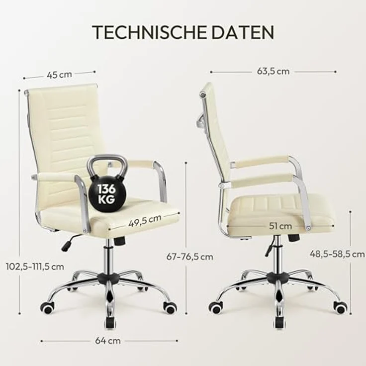 Yaheetech Bürostuhl ergonomischer Schreibtischstuhl mit Armlehnen, Chefsessel Computerstuhl hoher Rückenlehne, Arbeitsstuhl mit Wippfunktion bis 136 kg Belastbar Beige – Bild 4