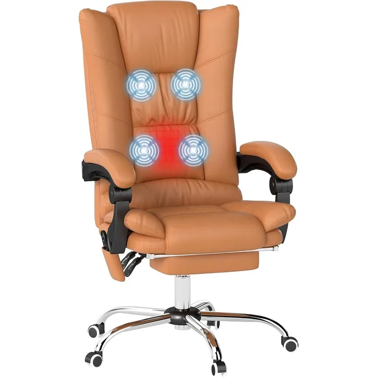 Vinsetto Bürostuhl mit Vibrationsmassage Ergonomischer Chefsessel mit Lendenwärmer, Liegefunktion, Fußstütze, Höhenverstellbar Schreibtischstuhl aus Kunstleder, Drehstuhl mit Seitentasche, Hellbraun