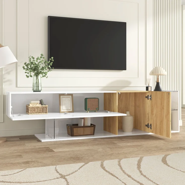 TV-Schrank 180 cm in Weiß Hochglanz mit Holzoptik, Lowboard mit Türen und Glasregalen – Bild 8