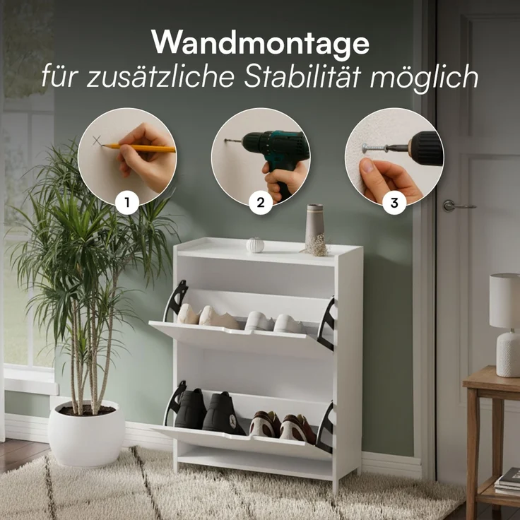 Bellamio 'Ceyhan' Schuhschrank mit 2 Klappen, schmales Schuhregal, weiß, 50x19x90 cm, Schuhkipper für 4 paar Schuhe – Bild 6