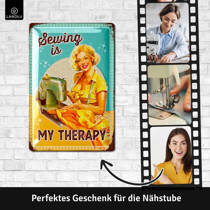 LANOLU Blechschild Sewing Therapy 20x30cm – Metall – Mehrfarbig – 20295 – Bild 2