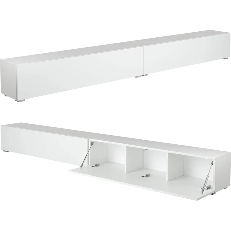 PLATAN ROOM Fernsehschrank TV-Lowboard 105/140 / 160/210 / 280 In Weiß Hängend Oder Stehend Hochglanz Matt (280 x 30 x 32, Weiß Matt/Weiß Matt)