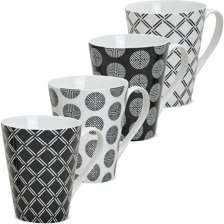 matches21 HOME & HOBBY Tasse Kaffeetassen 4er Set Retro Muster geflochten gestreift, 4-tlg, Keramik, Tee Kaffee-Becher, modern, schwarz weiss, 250 ml