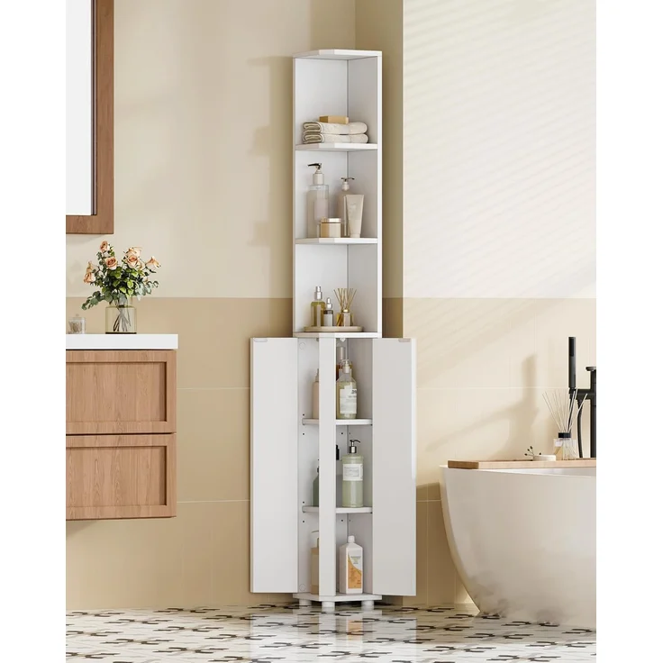 Badezimmerschrank, Eckschrank Badschrank, Toilettenschrank mit verstellbare Ablagen, 2 Seitentüren, schmales Badregal, einfache Montage, 20 x 20 x 170 cm, weiß – Bild 3