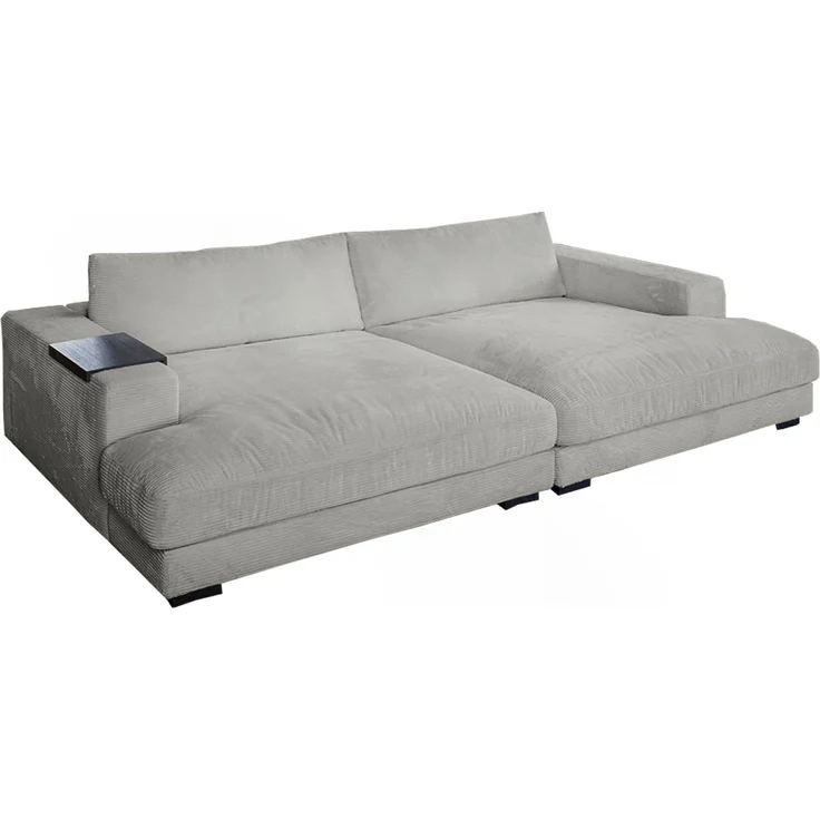 KAWOLA Big Sofa MADELINE mit Holztablett schwarz für Armlehne Cord hellgrau 85 x 170 x 290 cm – Bild 3