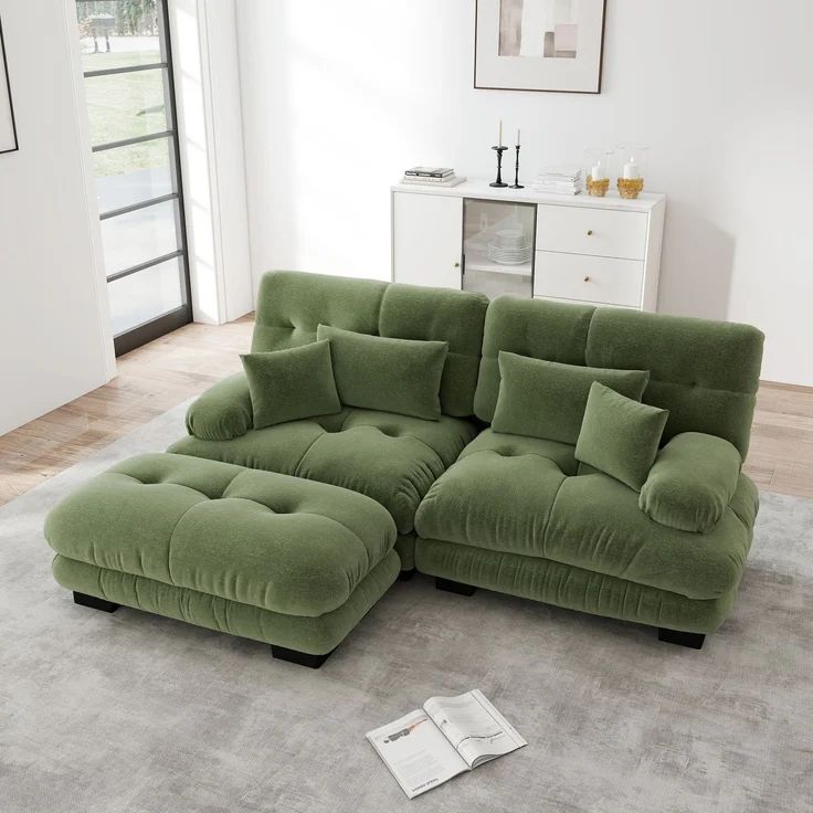 EINHOM Cloud Ecksofa für Wohnzimmer, Chenille Doppelsofa mit 2 Lendenkissen und 2 Dekokissen, Polstersofa mit breiten Armlehnen und Ottoman, Chenille Grünes – Bild 3