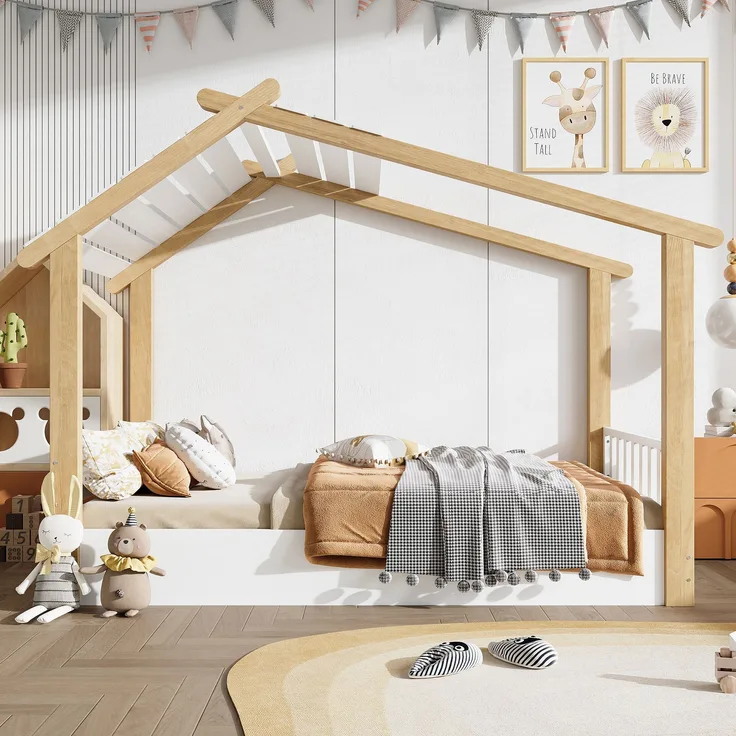 Holzbett, Kinderbett Einzelbett exquisites Holzhausdesign stabile Lattenroste schlichtes Design, Kiefer + Spanplatte + MDF, Weiß + Natur, 90 x 200 cm