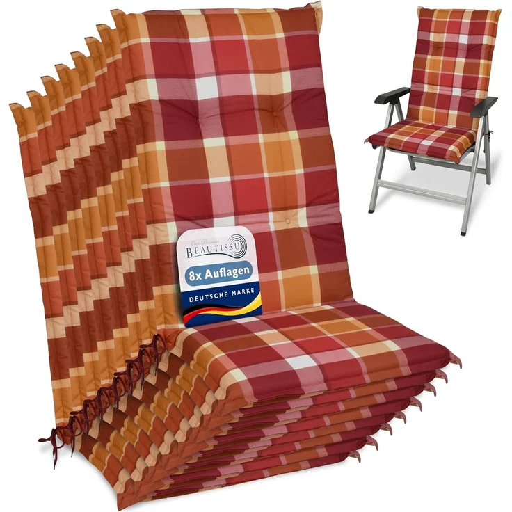Beautissu Hochlehnerauflage 8er Set Hochlehner Auflagen Set 120x50 cm Polster Rot Kariert, 6cm Dicke Polsterauflage rutschfest UV-Lichtecht 5 Stuhlkissen