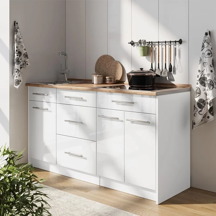 Küchenblock Fame-Line Weiß Hochglanz/Weiß 150 cm, AP Eiche Vicco – Bild 2