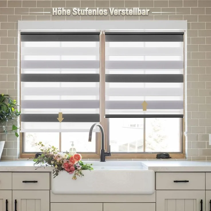 Deswell Doppelrollo Klemmfix ohne Bohren Weiß-Grau-Anthrazit B45 x H130 cm (Stoffbreite 41cm) Rollos für Fenster ohne Bohren für Fenster mit Lichtdurchlässig & Verdunkelnd/Höhe Stufenlos Verstellbar – Bild 2