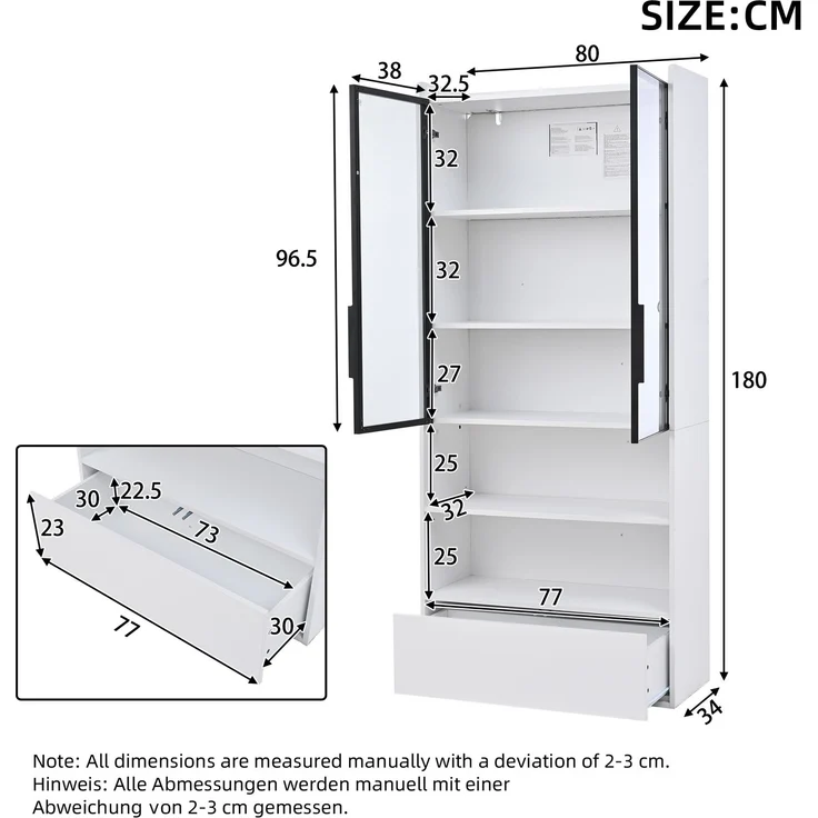 DESVIAE Vitrine mit LED-Beleuchtung und Schublade, MDF und Glas, Weiß, 80x180x34 cm – Bild 10