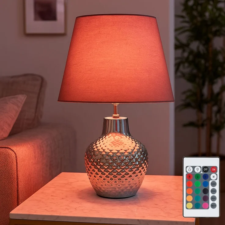 RGB LED Tischleuchte, Textil, braun, Chrom, E14, H 32cm – Bild 2
