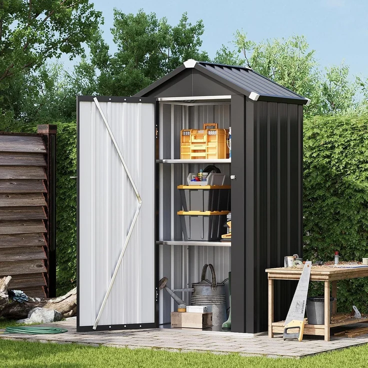 Aoxun Metall-Gartenschuppen 88x69x160cm mit Bodenplatte & 2 Ablagen | verstellbaren Ablagen, kompakter Gartenschrank wetterfestes Metall mit abschließbarer Tür für Balkon Terrasse Garten,Schwarz – Bild 8