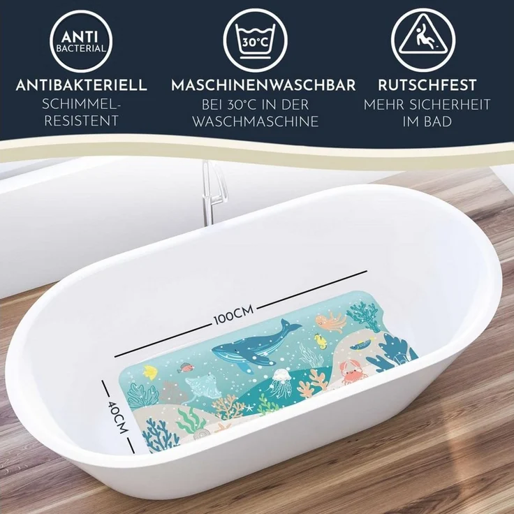 Homerella Badematte rutschfest Kinder - 100% BPA frei Inkl. 2 Haken zum Aufhängen 100x40cm, Antirutschmatte Badewanne Baby hautsensitiv & schimmelresistent, Badewannenmatte rutschfest & waschbar