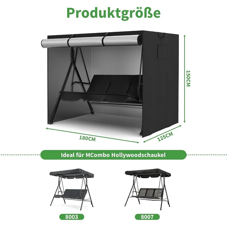 M MCombo Hollywoodschaukel Abdeckung 2-3 Sitzer, Abdeckplane Wasserdicht & UV-Beständig für Gartenschaukel 8003 8007, Reißfeste Schutzhülle 4001 (Oxford, Schwarz) – Bild 3