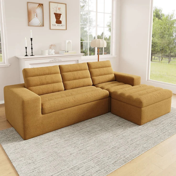 Ecksofa 253 x 161 x 89 cm in Orange, modulares Chenille-Sofa mit Hocker, rahmenlos und weich gepolstert – Bild 1