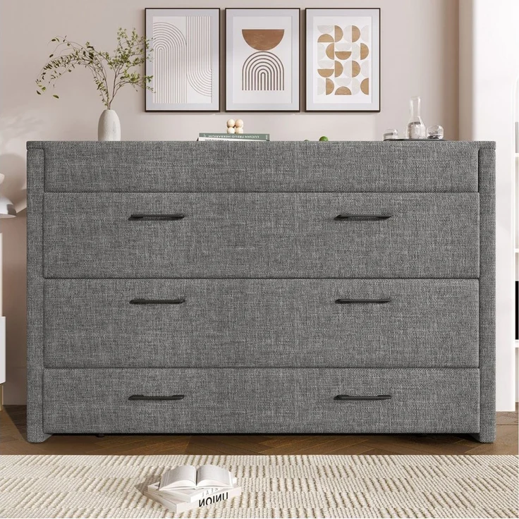 Odikalo Schrankbett Polsterbett Einzelbett 140x200 mit Schublade und USB (Mit einer Schublade,Mobiles Schrankbett mit Ablagefach am Bett, mit USB- und Typ-C-Anschlüssen, Umbaubares Plattformbett, Ohne Matratze,Leinen, Beige) /gray – Bild 5