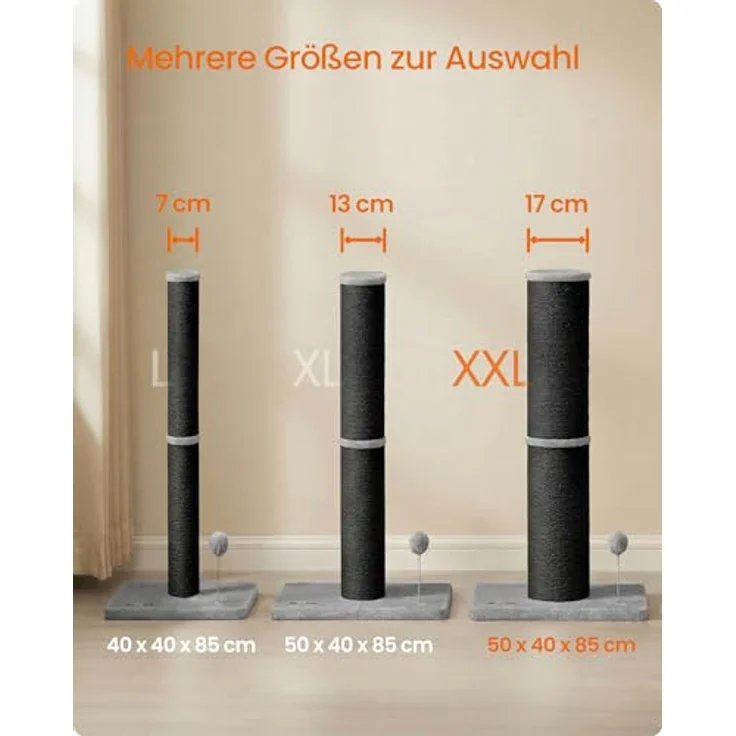 Feandrea Kratzbaum, Kratzsäule XL, 85 cm hoch Kratzstamm, 17cm Dicker Stamm | Katzenbaum für mittelgroße und große Katzen, Sisalstamm, mit Plüschball und Glocke, schwarz, CLAWFY Kollektion PCA042B101 – Bild 6