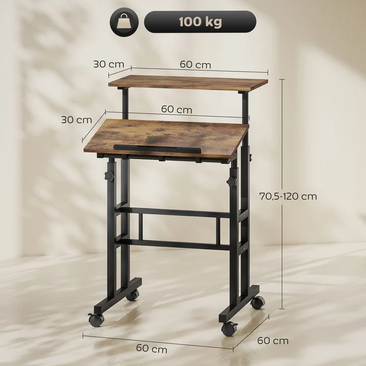 MELAYR, chreibtisch Höhenverstellbar Küchentisch mit Regal, Rollen, 60 x 60 x 120 cm, Rustikal-Braun – Bild 5