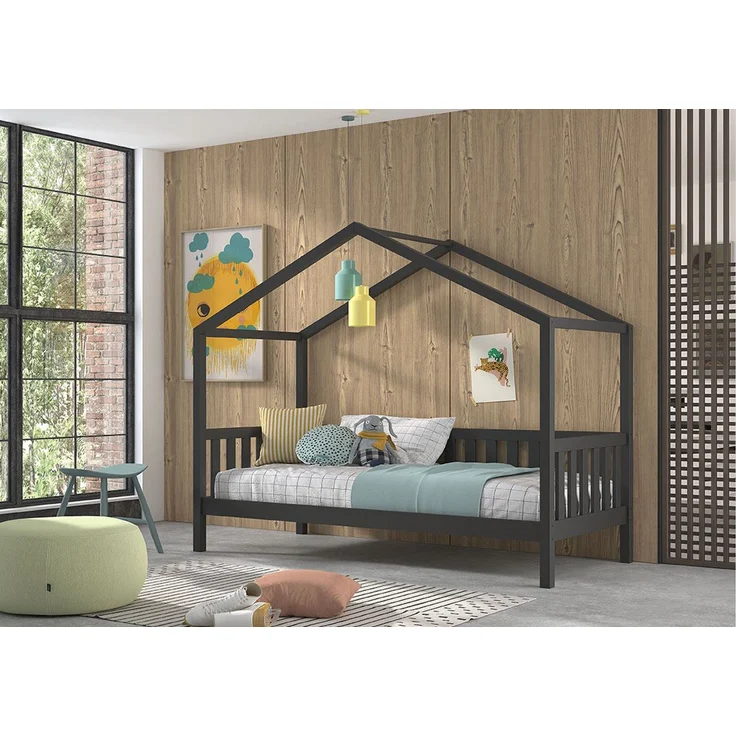 Hausbett Kapua 210x97x170 Kinderbett Massivholz Anthrazit – Bild 4