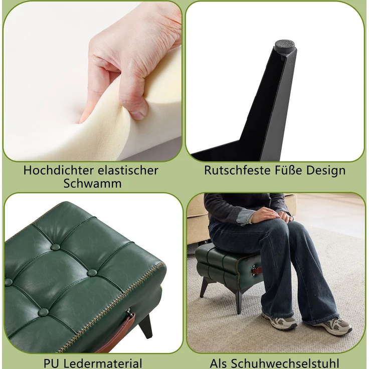 Hocker aus grünem Kunstleder mit Stahlbeinen und Tragegriff, 1 Stück,H 30 x T 43 x B 33 cm – Bild 8