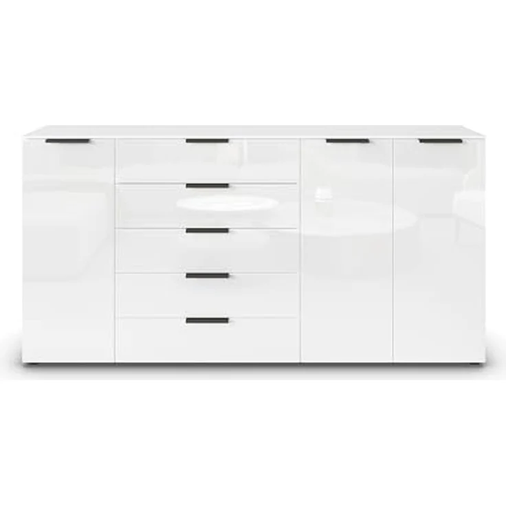 Rauch Möbel Flipp, Kombikommode, Kommode mit Stauraum für Wohnzimmer, Schlafzimmer, Flur, 4 Fachböden, Alpinweiß/Glasfront Weiß, 3-türig, Glastüren, 5 Schubkästen, Griffe graphit, 199 x 100 x 42 cm – Bild 5