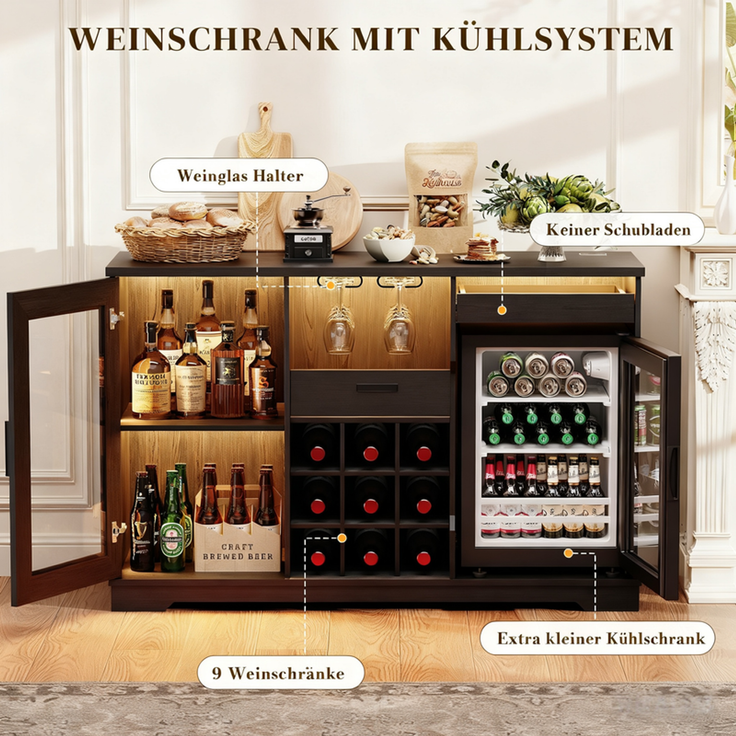 Weinschrank 120x40x78 cm mit LED-Beleuchtung, 9 Weinregalen und 2 Glashaltern, Holz & Schwarz – Bild 3