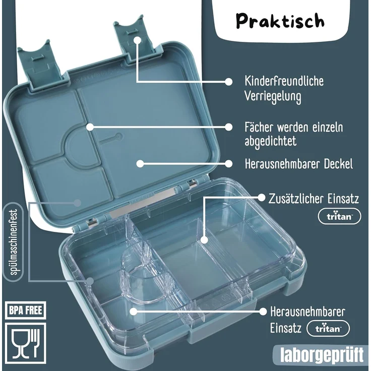 BEARFOOT Lunchbox Brotdose Kinder mit Fächern, Lunchbox, Bento box - Blau, handgezeichnete Designs, modular – Bild 6