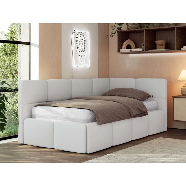 Jugendbett 90x200 ARVO Polsterbett mit Bettkasten, Stauraum & Gasdruckfeder, Modernes Design mit Kopfteil, Pocket Matratze - Weiß Kunstleder - VIRE LUX - Rechts Seite