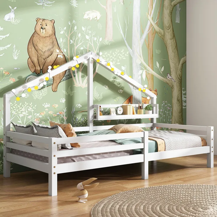 Bett 90x200 cm Hausbett aus Kiefernholz mit Regal – skandinavischer Stil