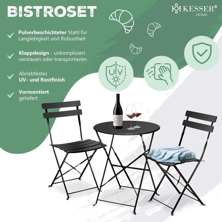 KESSER® Bistroset, 3-tlg, 2 klappbare Stühle, Gartentisch, inkl. Abdeckung, Metall Schwarz – Bild 2