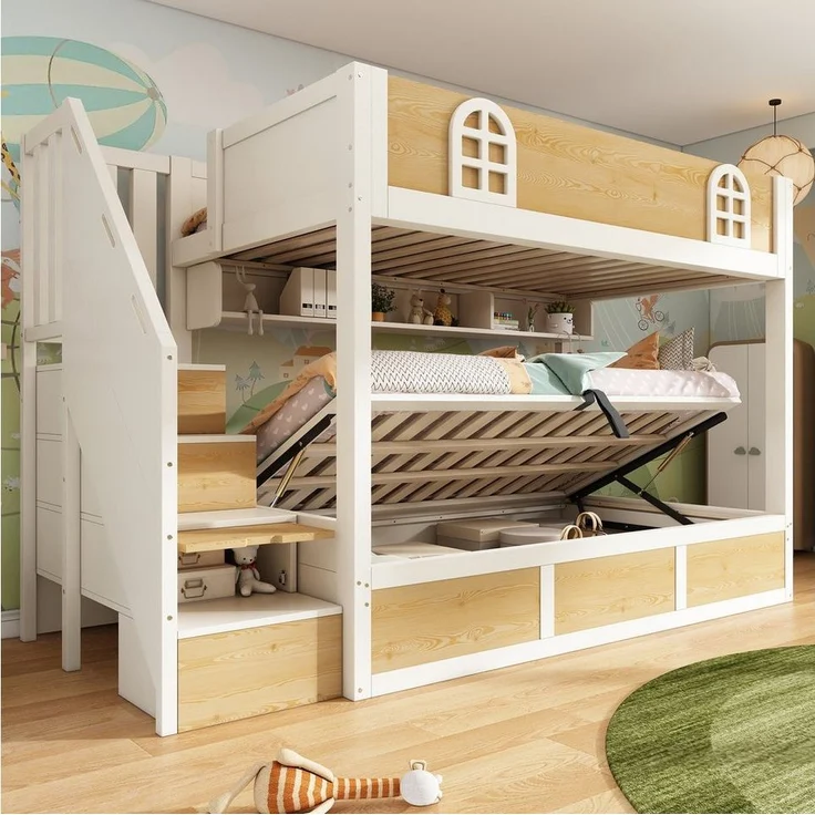 MODFU Hochbett Sicheres Etagenbett mit Rausfallschutz & Treppenschrank (1-St, Aus robustem Holz für ein stabiles und langlebiges Kinderzimmer) Zwei Einzelbetten à 90x200 cm, inkl. Lattenroste(ohne Matratze) – Bild 1