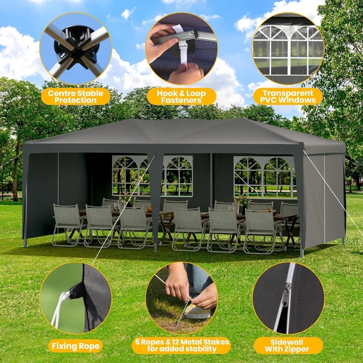 Velway Faltpavillon 3x6 m Wasserdicht Pavillon - Anti-UV Stabil Winterfest Faltbar Partyzelt - Gartenpavillon mit 6 Seitenwänden & Dach 12 Erdhaken & 6 Seile - Gartenzelt für Freien Hochzeiten - Grau – Bild 5