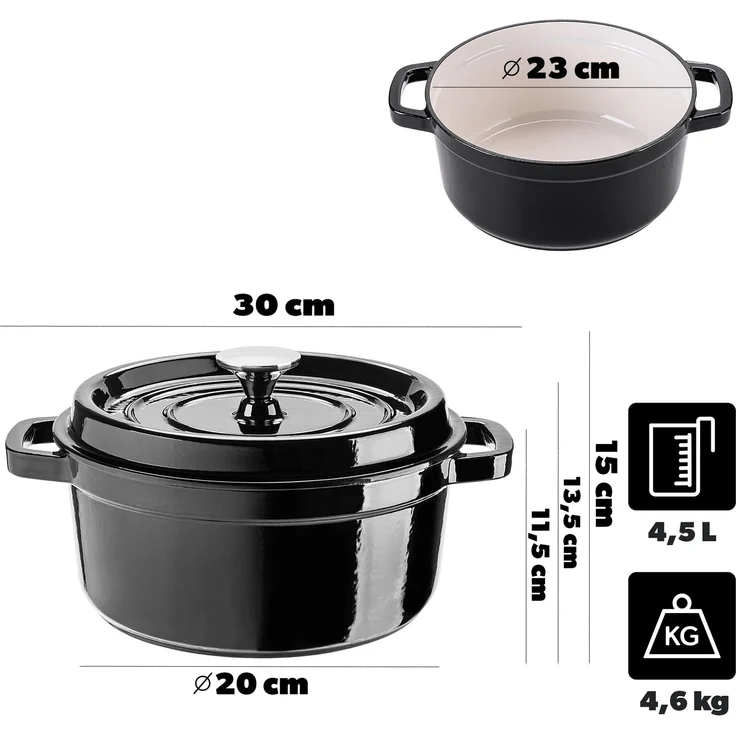 KADAX Gusseisentopf 4,5 Liter, Ø 23 cm, Schmortopf aus emailliertem Gusseisen, Rund Topf mit Deckel, Bräter zum Schmoren, Braten, Kochen & Backen, Bratentopf (Schwarz) – Bild 2