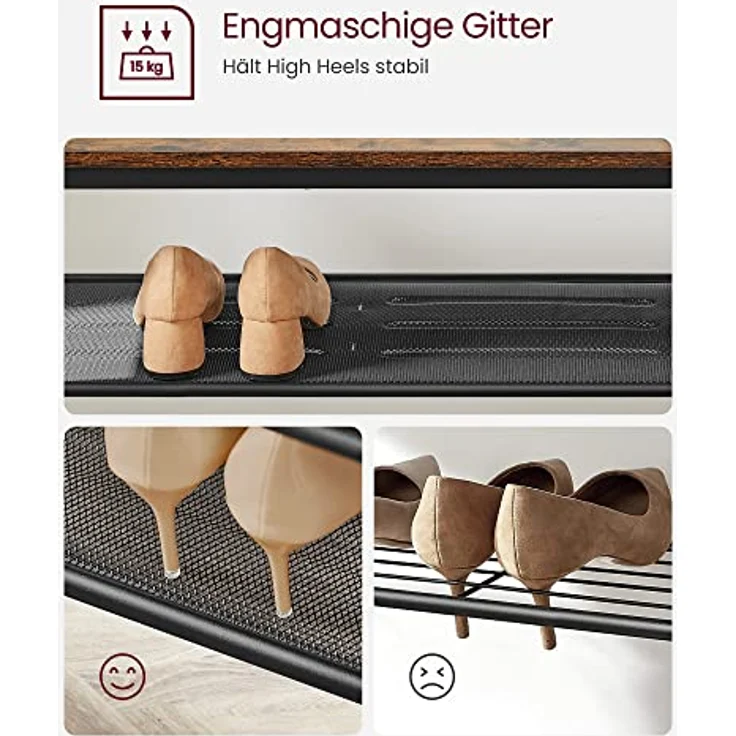 VASAGLE Kleiderständer, Garderobe, Garderobenständer mit Haken, Spiegel, Sitzbank, 35 x 98 x 180 cm, für Eingangsbereich, Schlafzimmer, Wohnzimmer, Industrie-Design, vintagebraun- schwarz HSR415B01 – Bild 6