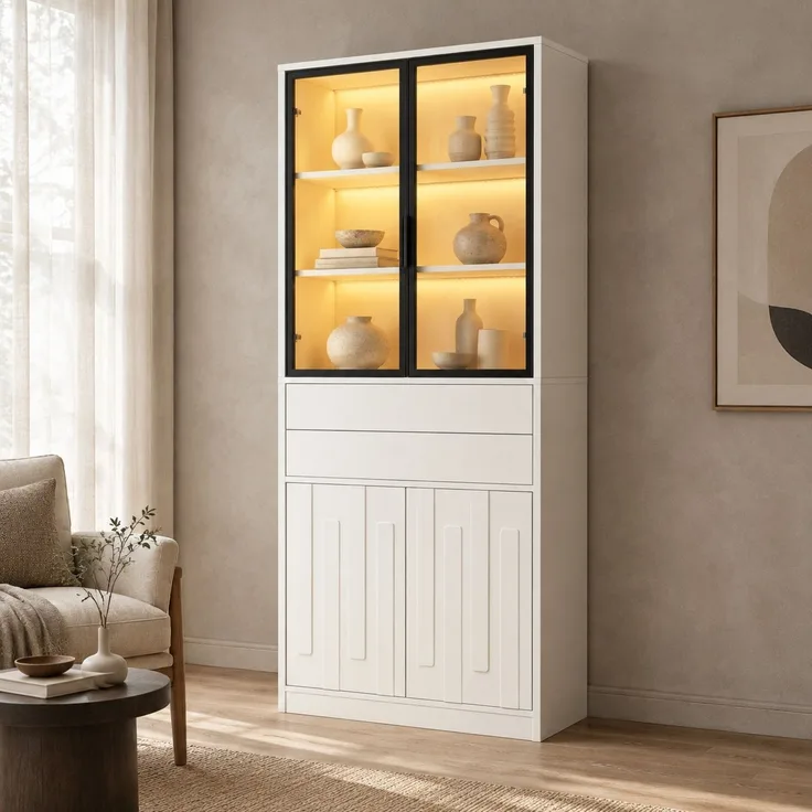 Vitrinenschrank 70x34x180 cm mit LED-Glasvitrine, 2 Schubladen, Weiß