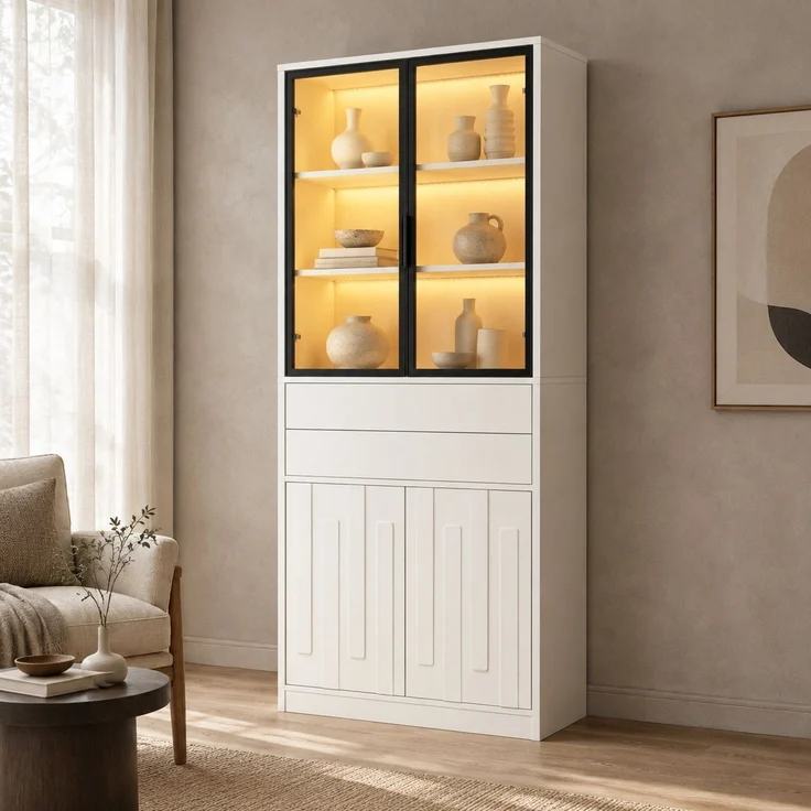 Vitrinenschrank 70x34x180 cm mit LED-Glasvitrine, 2 Schubladen, Weiß – Bild 1