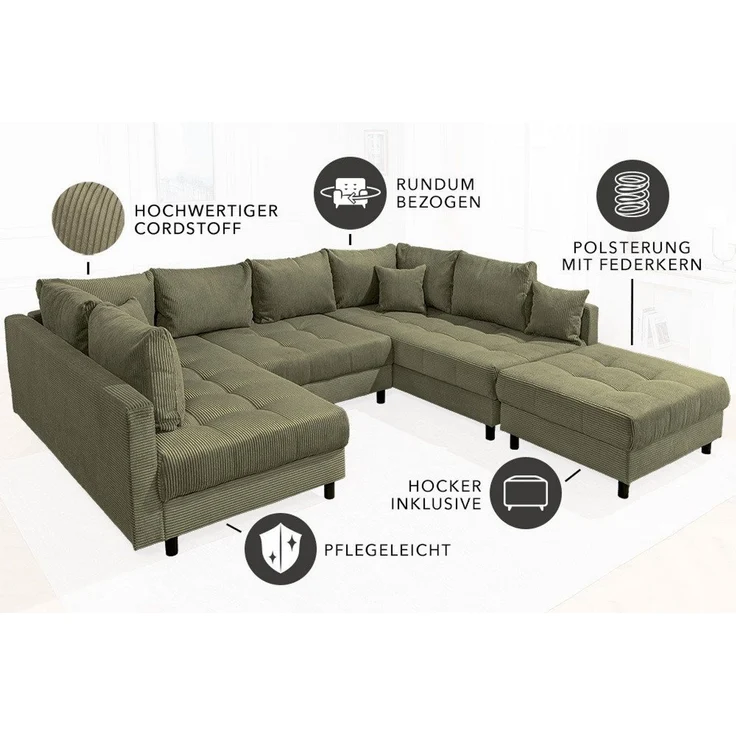 riess-ambiente Wohnlandschaft KENT 305cm grün/schwarz- inkl. Hocker & Kissen, Cord, Rundumbezug, FSC, Einzelartikel 1 Teile, XXL Couch in U-Form - ideal für große Wohnzimmer & Wohnbereiche – Bild 4
