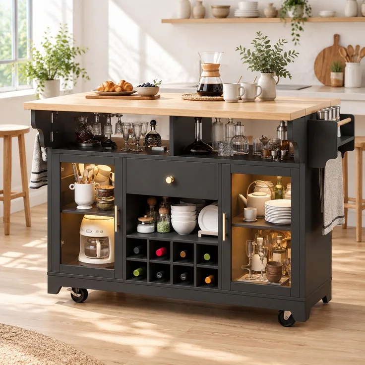 Servierwagen B 120 x T 40/80 x H 95 cm, ausklappbar mit RGB-LED, MDF und Metall