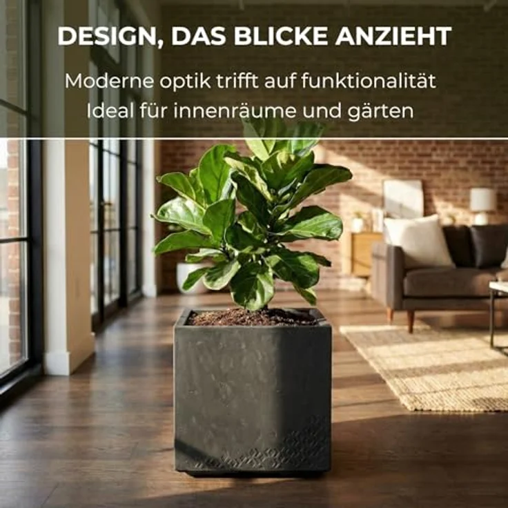 LAMELA Pflanzkübel mit Rollen 40 cm, 36L – Blumentopf aus Kunststoff in Betonoptik – Übertopf mit Wasserablauf – Modern für Innen & Außen - Wetterfest & Pflegeleicht, Schwarz – Bild 4