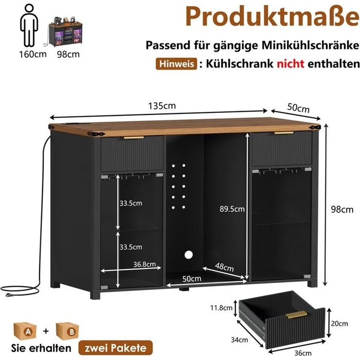 PEALOV Barschrank 3-in-1 Barschrank mit LED, Weinregal und Steckdosen, 135 x 50 x 98 cm (1-St) Buffetschrank mit Stauraum für Mini-Kühlschrank, Küche & Wohnzimmer – Bild 2