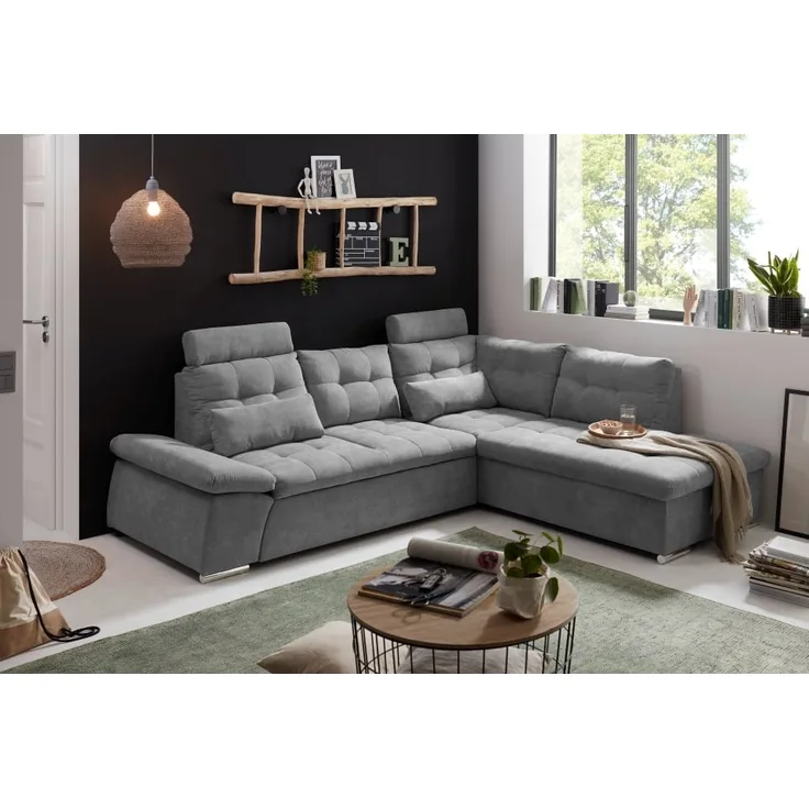 Ecksofa Nalo XL Couch Schlafcouch Bettsofa Schlafsofa Sofabett Funktionssofa ausziehbar dunkelgrau Ottomane rechts L-Form