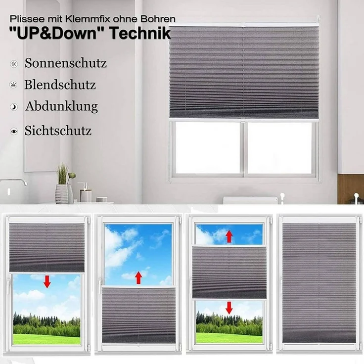 Woltu Plissee, halbtransparent, Klemmfix, Klemmfix, Klemmfix ohne Bohren oder zum Bohren für Fenster & Tür – Bild 2