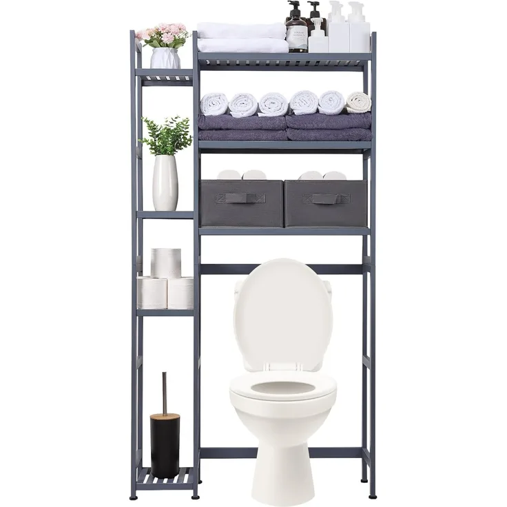 Yorbay Badregal Toilettenregal aus Bambus, Weiß WC Regal Badregal 79x23,3x166 cm, mit 2 Körben, mi 7 Ablagen, Multifunktional, Badezimmerregal, Verstellbar Badregal