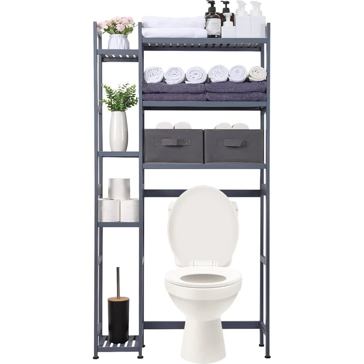 Yorbay Badregal Toilettenregal aus Bambus, Weiß WC Regal Badregal 79x23,3x166 cm, mit 2 Körben, mi 7 Ablagen, Multifunktional, Badezimmerregal, Verstellbar Badregal – Bild 1