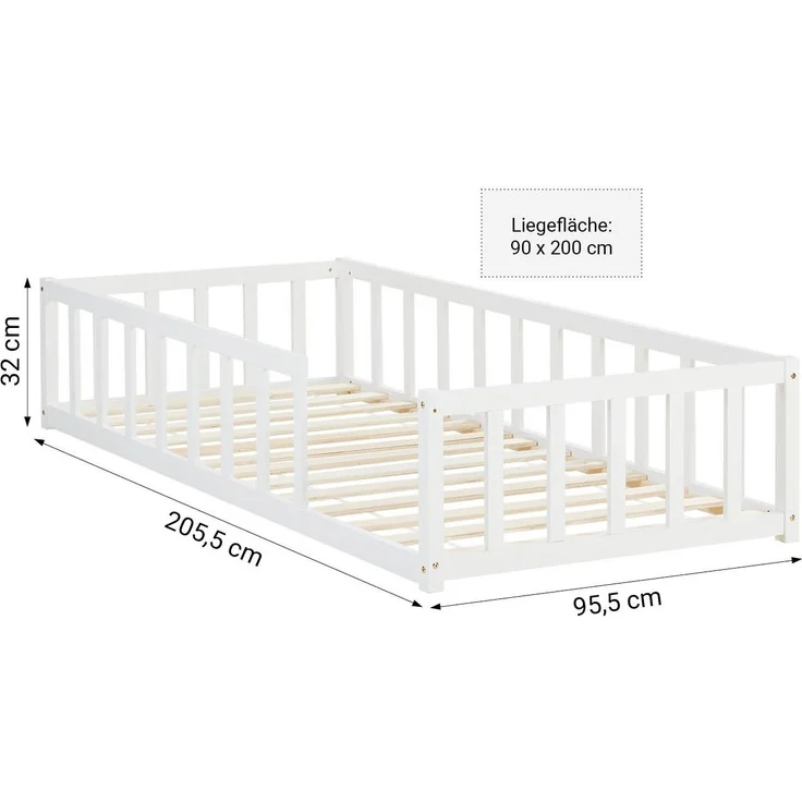 Kinderbett 90x200 Bodenbett mit Rausfallschutz Montessori Bett Kleinkindbett Holz Massiv Weiß Einzelbett Lattenrost Bettgestell – Bild 3