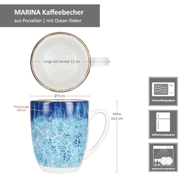 MamboCat Becher Marina 6er Set Kaffeebecher 320ml blaue Porzellan-Tasse 6 Personen, Porzellan – Bild 6