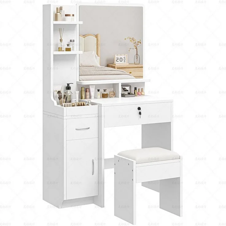 Dripex Schminktisch mit Spiegel, Hocker und Schubladen, Weiß, 87 x 38,3 x 141,5 cm, Mit seitlichem Stauraum