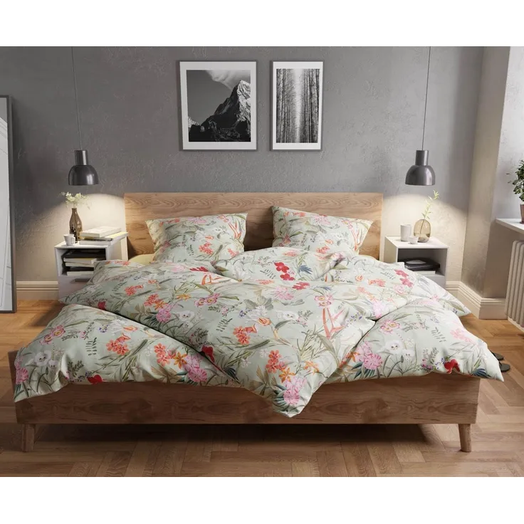 Mako Satin Bettwäsche Tropical Flowers mint 135x200 + 80x80